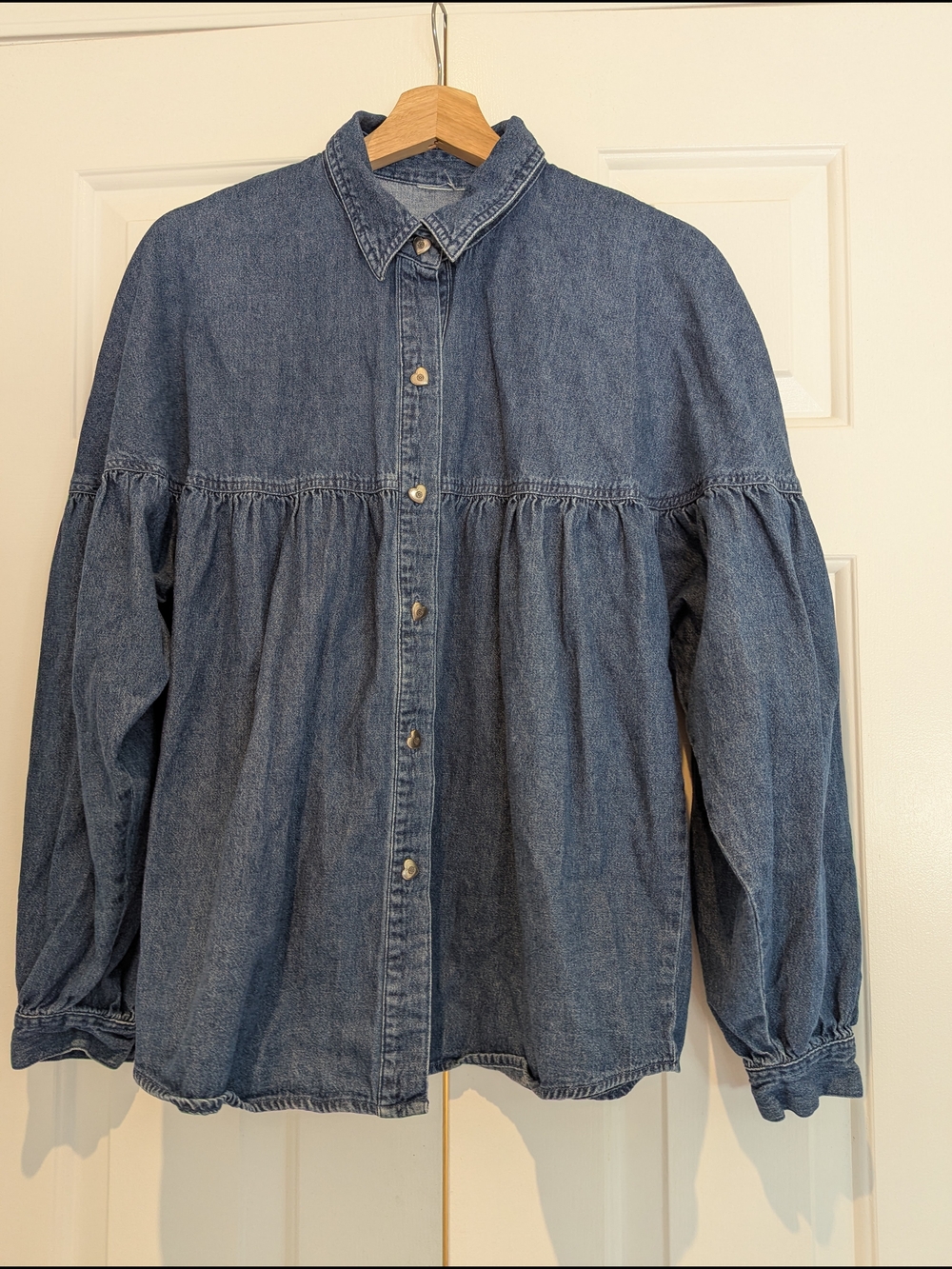 Cottagecore Denim Shirt Babydoll Button Down Top Peasant Prairie Boho Chic L/XL